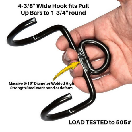 A hand holds the LOADING PIN for Weights plus Dip Belt with chain HOOK, made of black steel, used in neck harnesses and pull-up bars, featuring a wide hook tested to withstand 505 lbs.