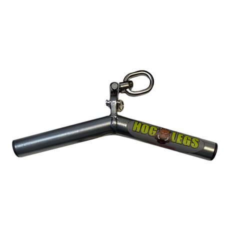 The HOG LEGS 'Ham Bone' FAT Cable Tricep Bar Extreme! is a commercial-grade metal bar with a swivel clip, labeled “Hog Legs” and featuring a cartoon pig—ideal as a fat grip triceps bar for your workouts.