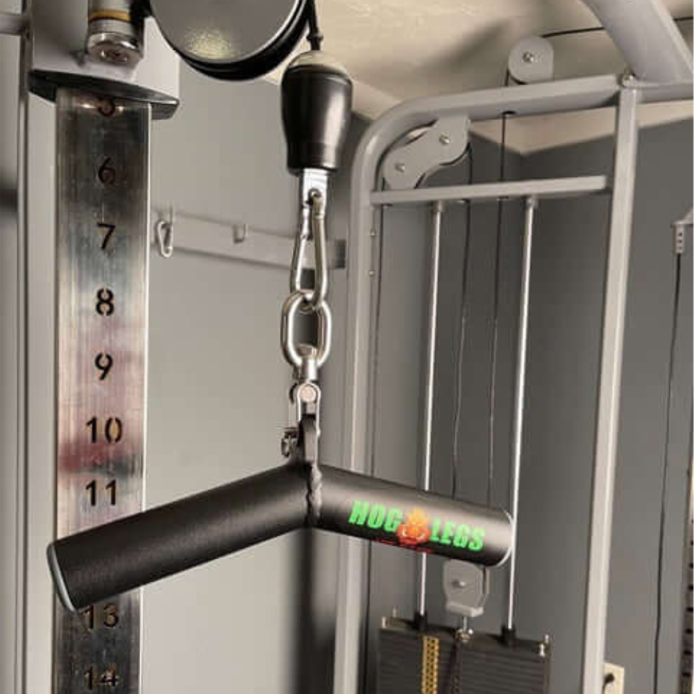 Close-up of a commercial gym cable machine with the HOG LEGS Wicked 'Piglet' Tricep Bar, perfect for triceps targeting.
