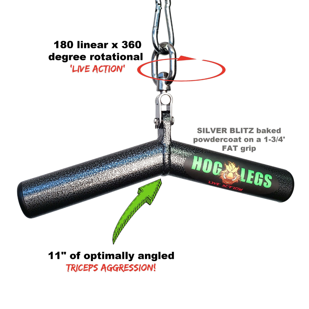 Black "HOG LEGS Wicked 'Piglet'" tricep bar with a rotating hook and commercial-grade construction for enhanced tricep targeting.