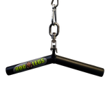 The HOG LEGS 'Ham Bone' FAT Cable Tricep Bar Extreme! is a black, V-shaped triceps bar with the "Hog Legs" logo and fat grip, hanging from a metal carabiner and cable.