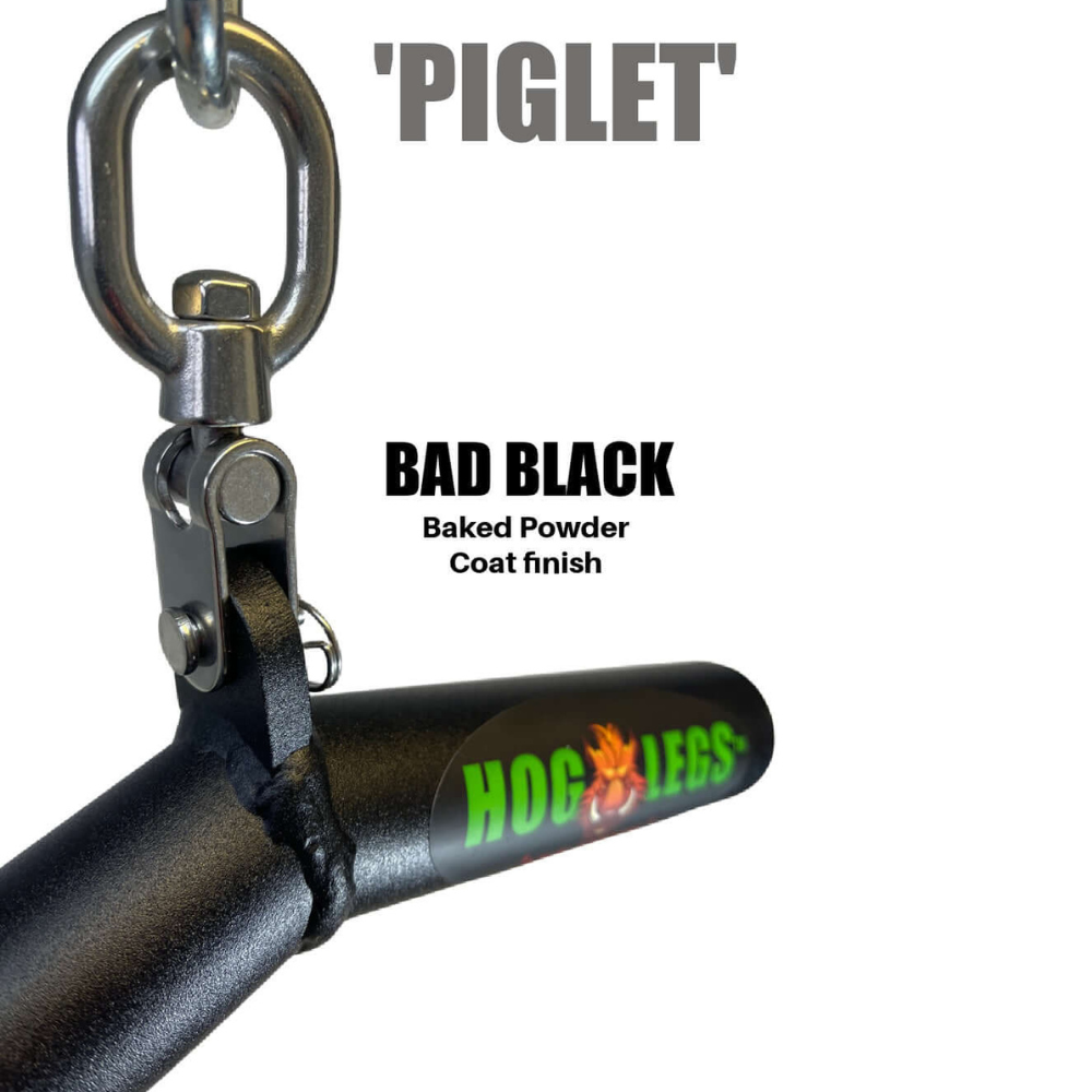 Close-up of the black "Hog Legs" Wicked 'Piglet' Tricep Bar designed for optimal triceps targeting, featuring a Bad Black Baked Powder Coat finish and crafted with commercial-grade materials for enhanced muscle stimulation.