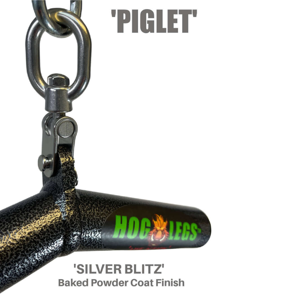 Close-up of a "Piglet" HOG LEGS bar in silver blitz finish with chains and swivel for commercial-grade muscle stimulation.