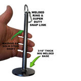 A hand grasps the LOADING PIN for Weights plus Dip Belt with chain HOOK, featuring a steel shaft and welded base.