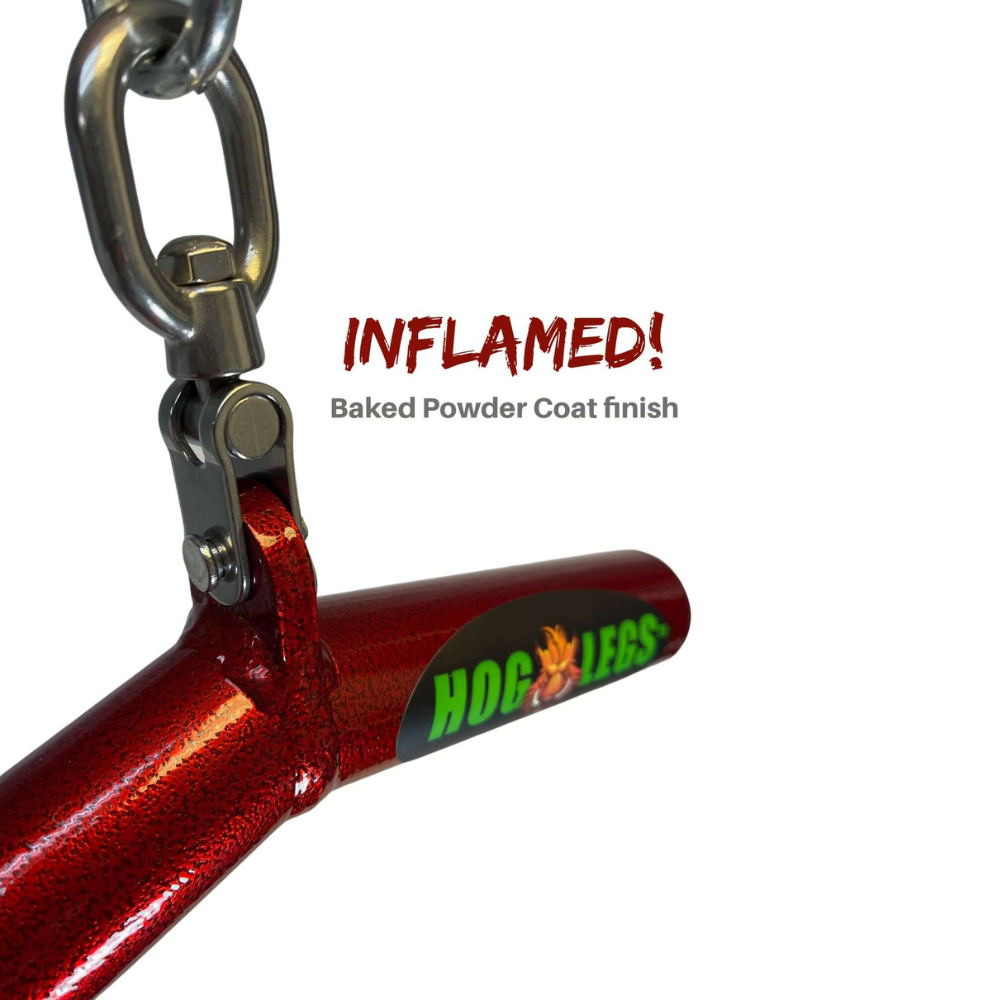 Close-up of a red metallic hook featuring the "HOG LEGS Wicked 'Piglet' Tricep Bar" logo and "INFLAMED! Baked Powder Coat finish," crafted for commercial-grade durability and precision triceps targeting.
