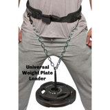 A person wears a "LOADING PIN for Weights plus Dip Belt with chain HOOK," ideal for intense workouts. This setup offers versatility similar to a Steel Loading Pin, ensuring maximum strength gains with attached weight plates.