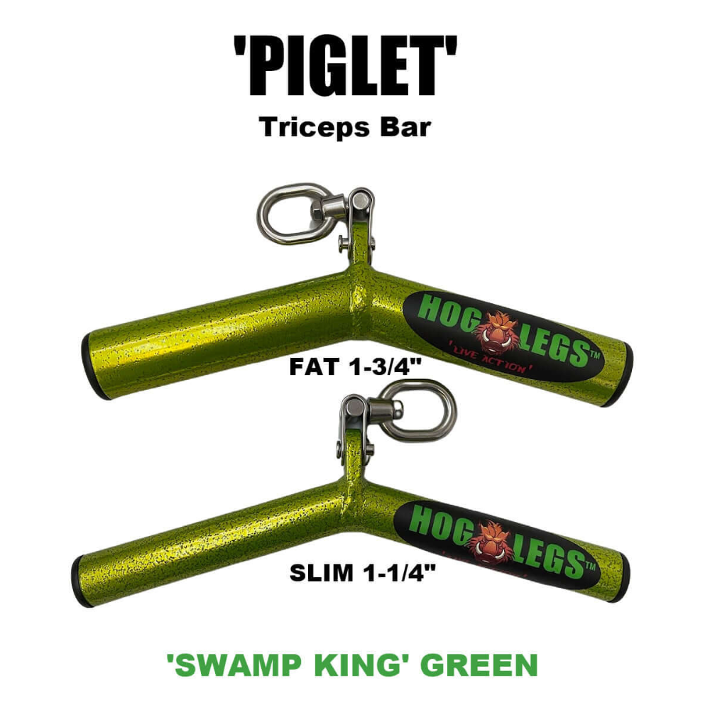 Two commercial-grade HOG LEGS "Piglet" tricep bars in Swamp King green offer optimal muscle stimulation for triceps targeting.