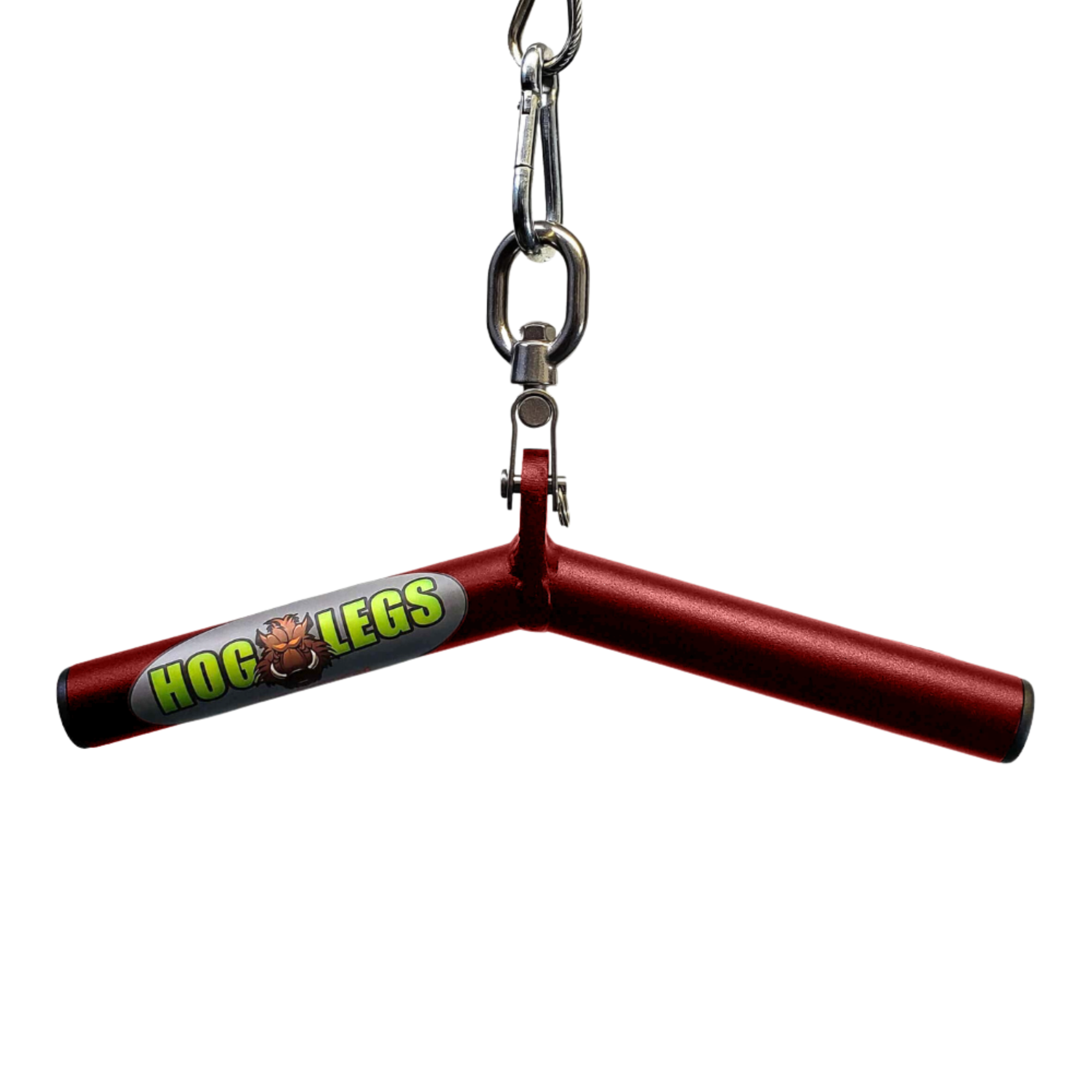 The HOG LEGS Wicked 'Piglet' Tricep Gym Bar is a red, metal, V-shaped handle with a carabiner clip at the top, designed for commercial-grade triceps targeting and a fat bar workout.