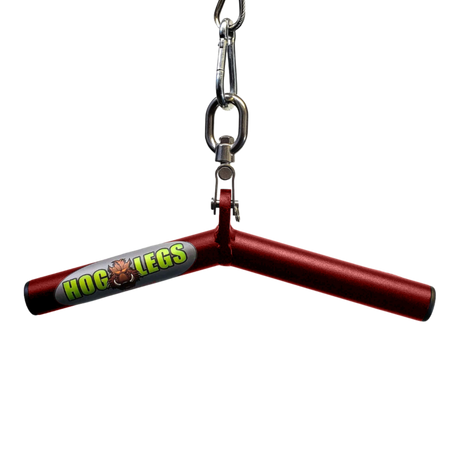 The HOG LEGS Wicked 'Piglet' Tricep Gym Bar is a red, metal, V-shaped handle with a carabiner clip at the top, designed for commercial-grade triceps targeting and a fat bar workout.