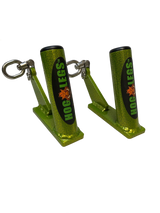 The HOG LEGS Jawbone pair Swamp King Green of Fat Grip Gym Handles for Cable features black metal holders with attached rings and angled bases, ideal for enhancing your cable machine workouts.