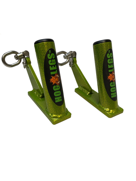 The HOG LEGS Jawbone pair Swamp King Green of Fat Grip Gym Handles for Cable features black metal holders with attached rings and angled bases, ideal for enhancing your cable machine workouts.