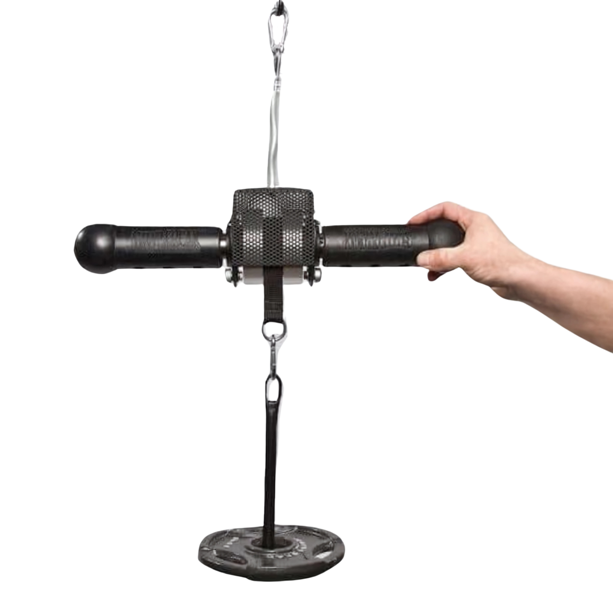 A hand holds the LOADING PIN for Weight Plates plus Dip Belt with chain HOOK, perfect for strength training and ideal to use with your favorite weights.