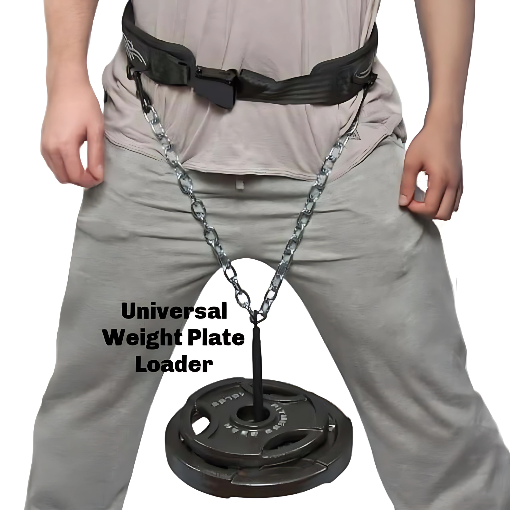 Person using a LOADING PIN for Weight Plates plus Dip Belt with chain HOOK, attaching weight plates securely for enhanced strength training.