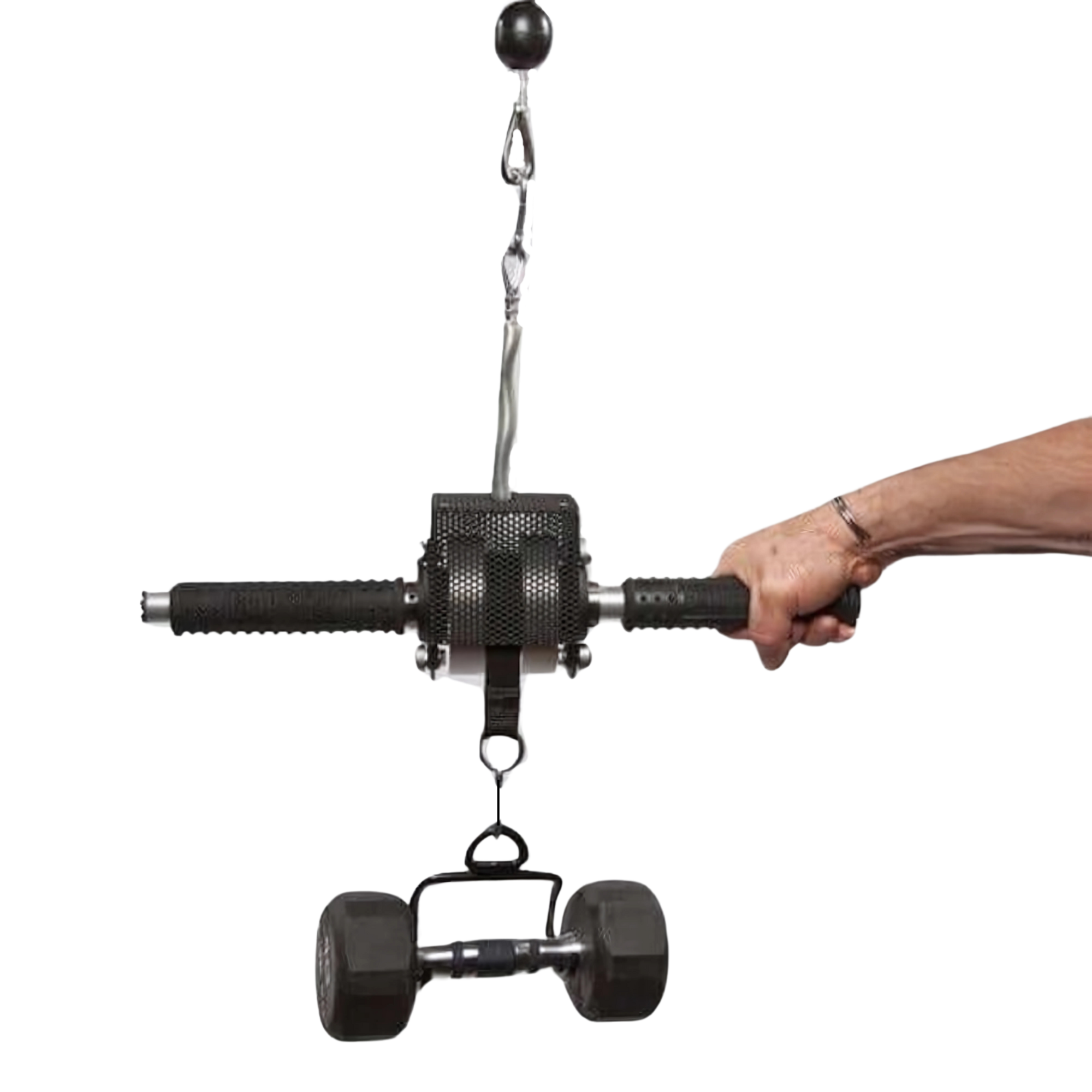 A hand holds a LOADING PIN for Weight Plates plus Dip Belt with chain HOOK, attached to a dumbbell by rope—resembling setups used for weighted exercises.