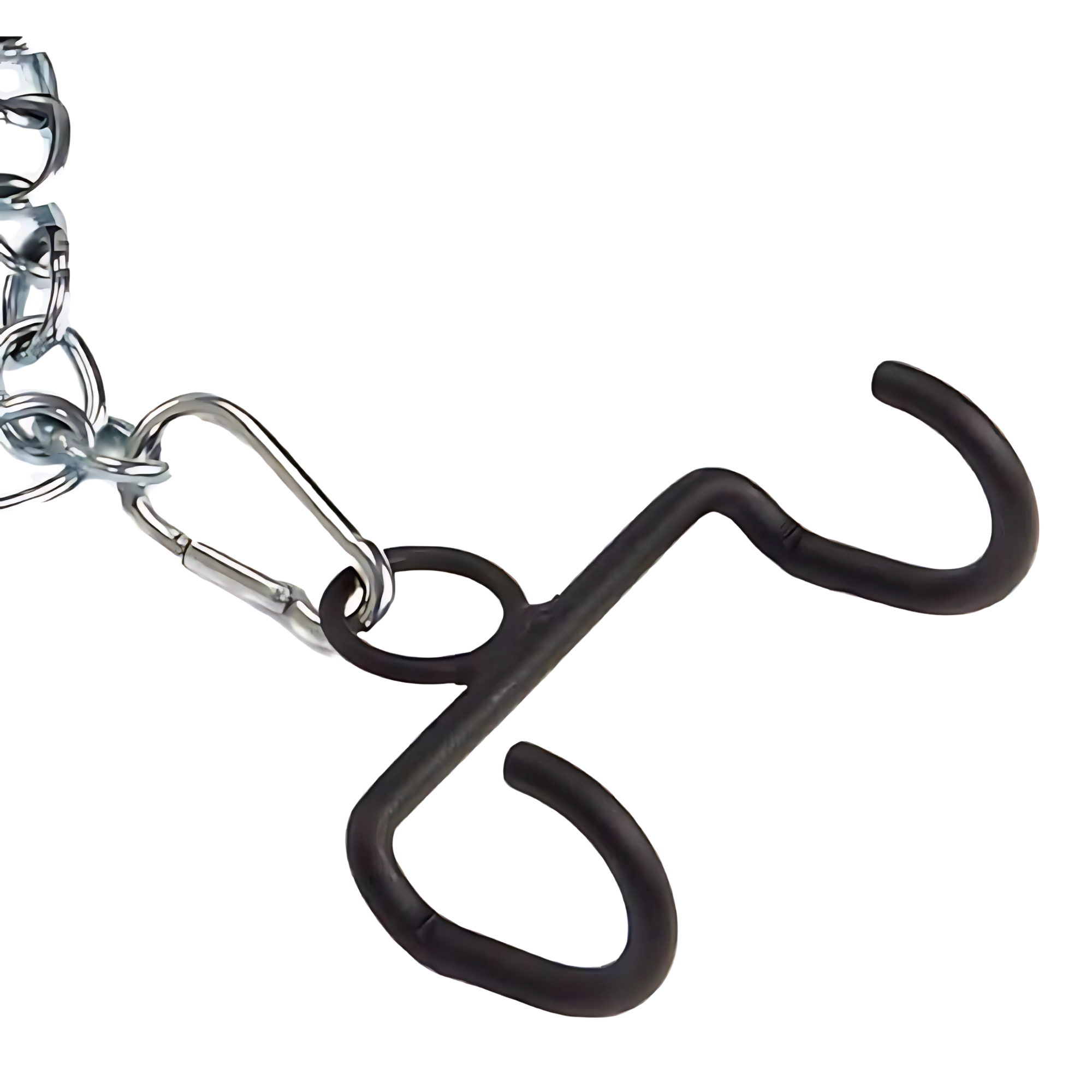 A metal keychain featuring a hook-shaped black plastic holder, inspired by the LOADING PIN for Weight Plates plus Dip Belt with chain HOOK accessory.