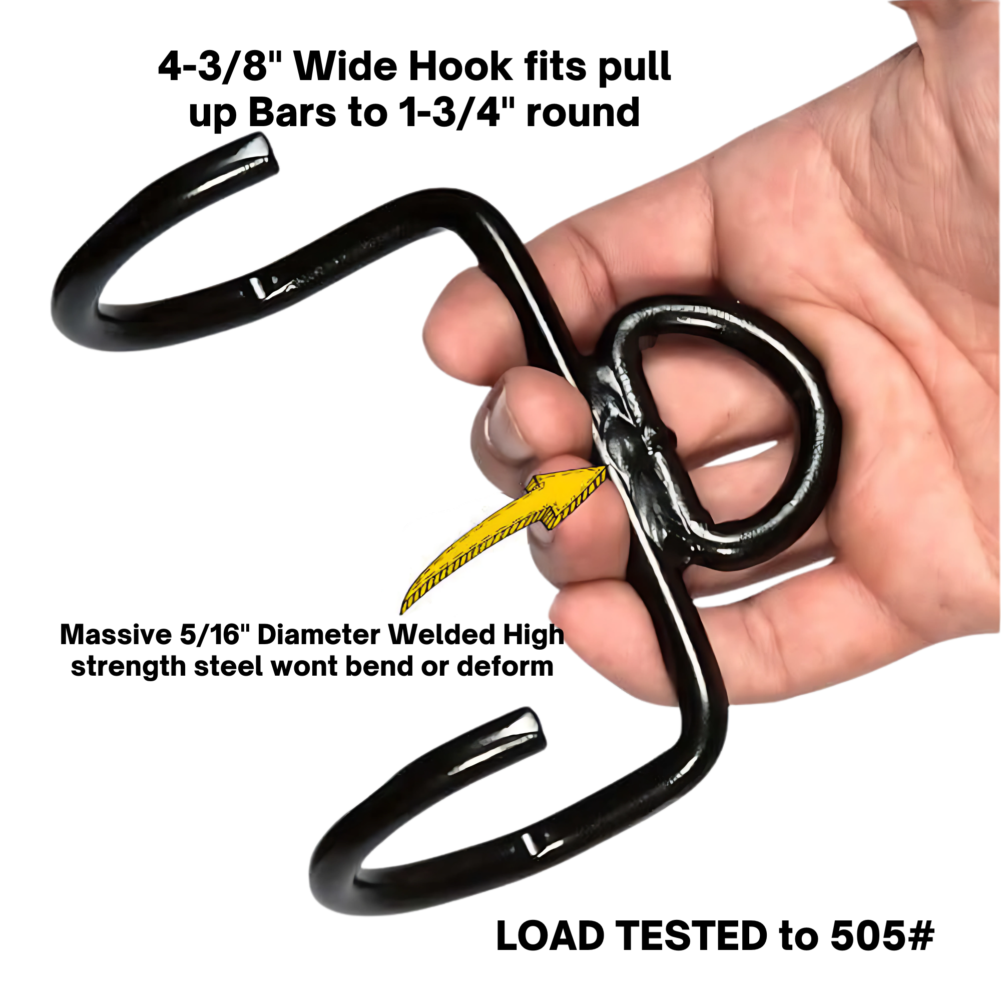 A hand holds a black metal puzzle with curved hooks and a yellow cord, resembling the intricate design of the LOADING PIN for Weight Plates plus Dip Belt with chain HOOK.