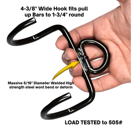 A hand holds a black metal puzzle with curved hooks and a yellow cord, resembling the intricate design of the LOADING PIN for Weight Plates plus Dip Belt with chain HOOK.