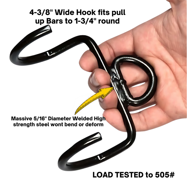 A hand holds a black metal puzzle with curved hooks and a yellow cord, resembling the intricate design of the LOADING PIN for Weight Plates plus Dip Belt with chain HOOK.