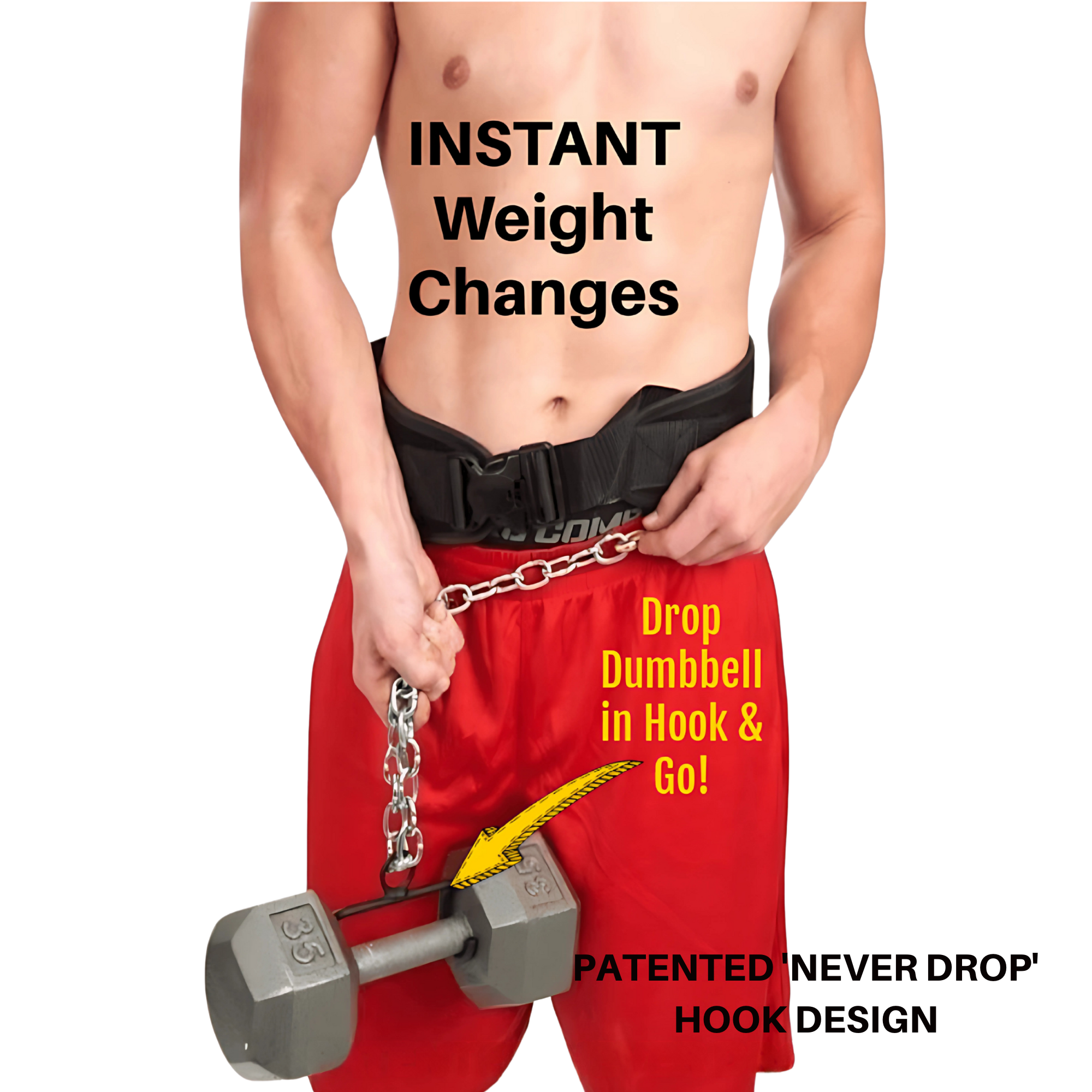 Man using the LOADING PIN for Weight Plates plus Dip Belt with chain HOOK; text highlights quick weight changes and the simple hook design for this Weight Loading Set.