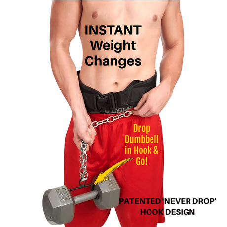 Man using the LOADING PIN for Weight Plates plus Dip Belt with chain HOOK; text highlights quick weight changes and the simple hook design for this Weight Loading Set.