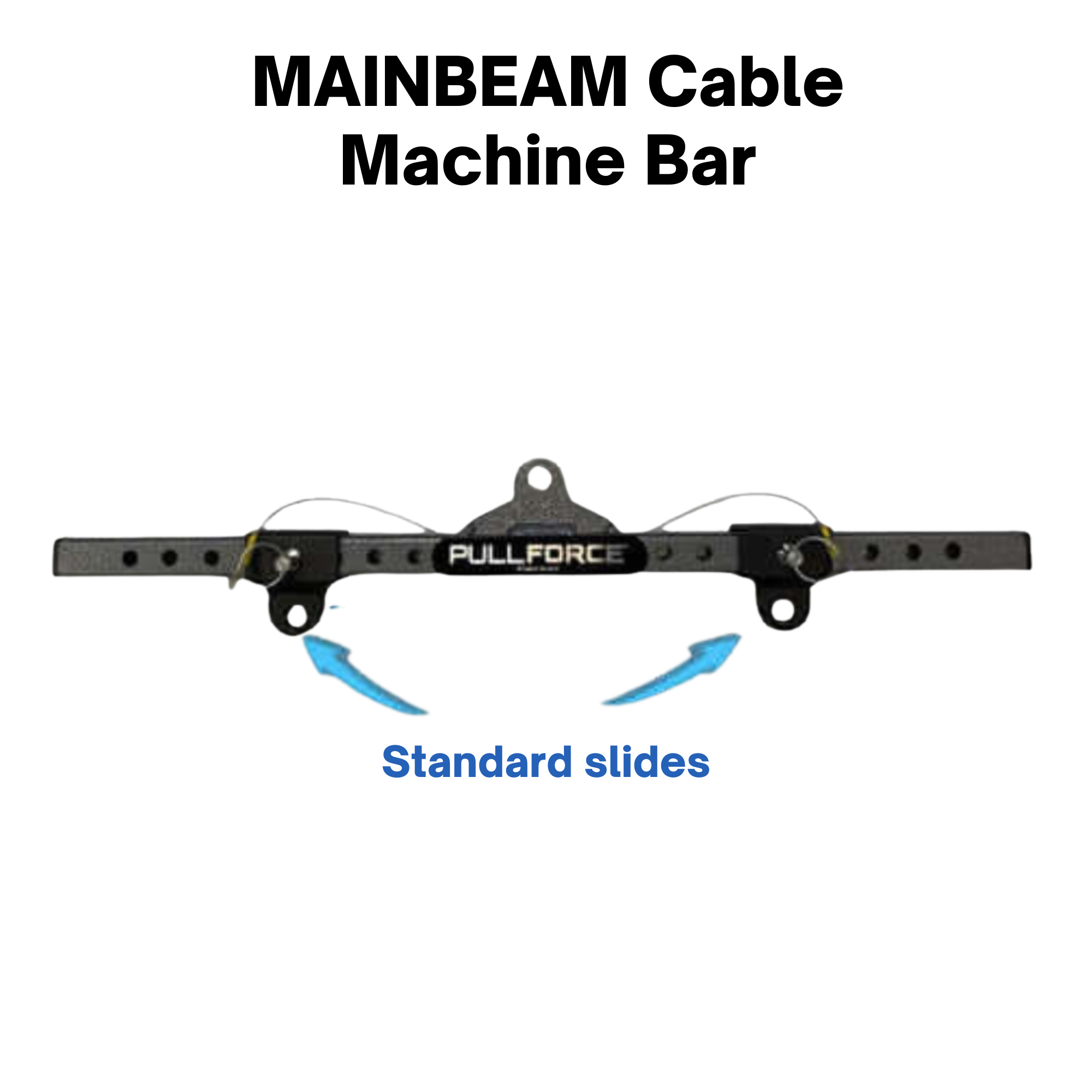 Black PULL FORCE 'MAINBEAM' Modular Cable Attachments for Gym with adjustable arms, featuring Standard MAINBEAM SLIDES and blue arrows highlighting them.