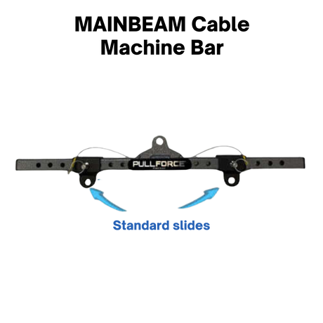 Black PULL FORCE 'MAINBEAM' Modular Cable Attachments for Gym with adjustable arms, featuring Standard MAINBEAM SLIDES and blue arrows highlighting them.