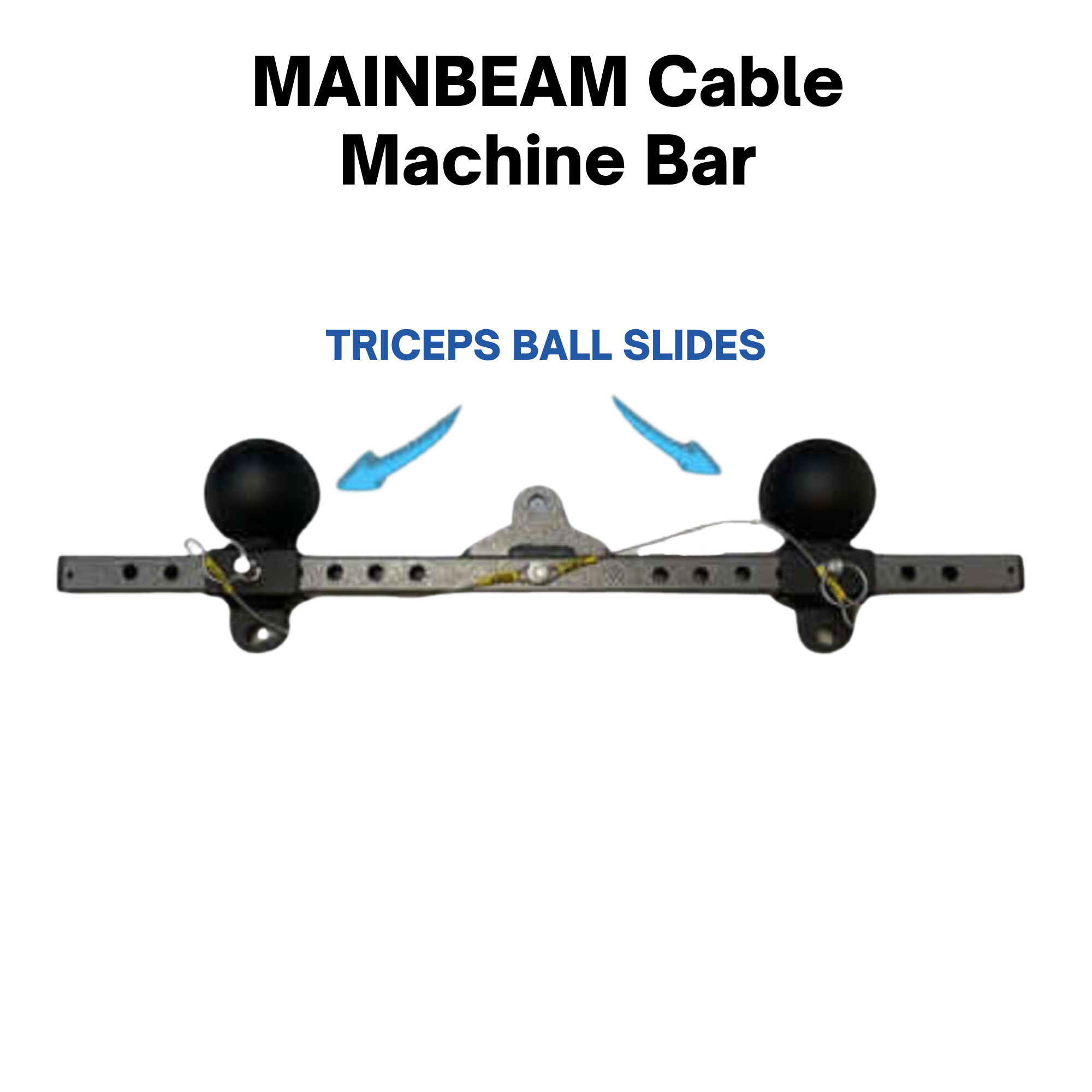 PULL FORCE 'MAINBEAM' Modular Cable Attachment – Ball Grip: Adjustable gym handle for tricep pushdowns. Features black ball grips and blue "TRICEPS BALL SLIDES" text above.