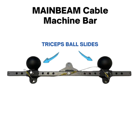PULL FORCE 'MAINBEAM' Modular Cable Attachment – Ball Grip: Adjustable gym handle for tricep pushdowns. Features black ball grips and blue "TRICEPS BALL SLIDES" text above.
