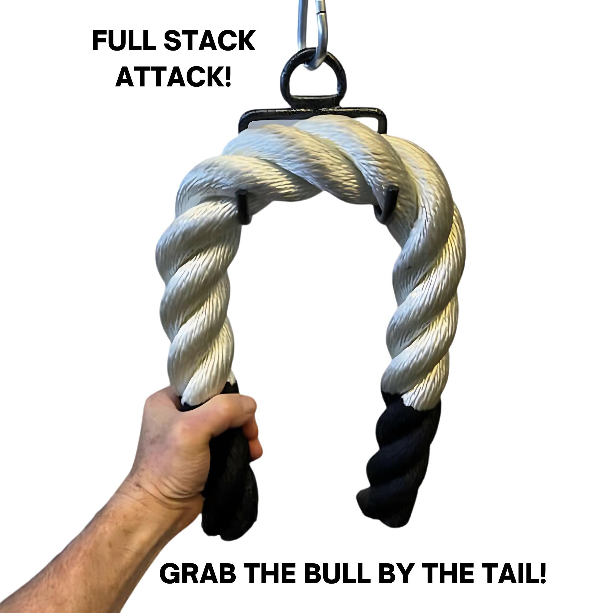 A hand gripping the Massive BULL TAIL 2" Tricep Attachment Tricep Rope Extreme!—a thick rope with black ends and a metal hook, designed to challenge your grip on any cable machine.
