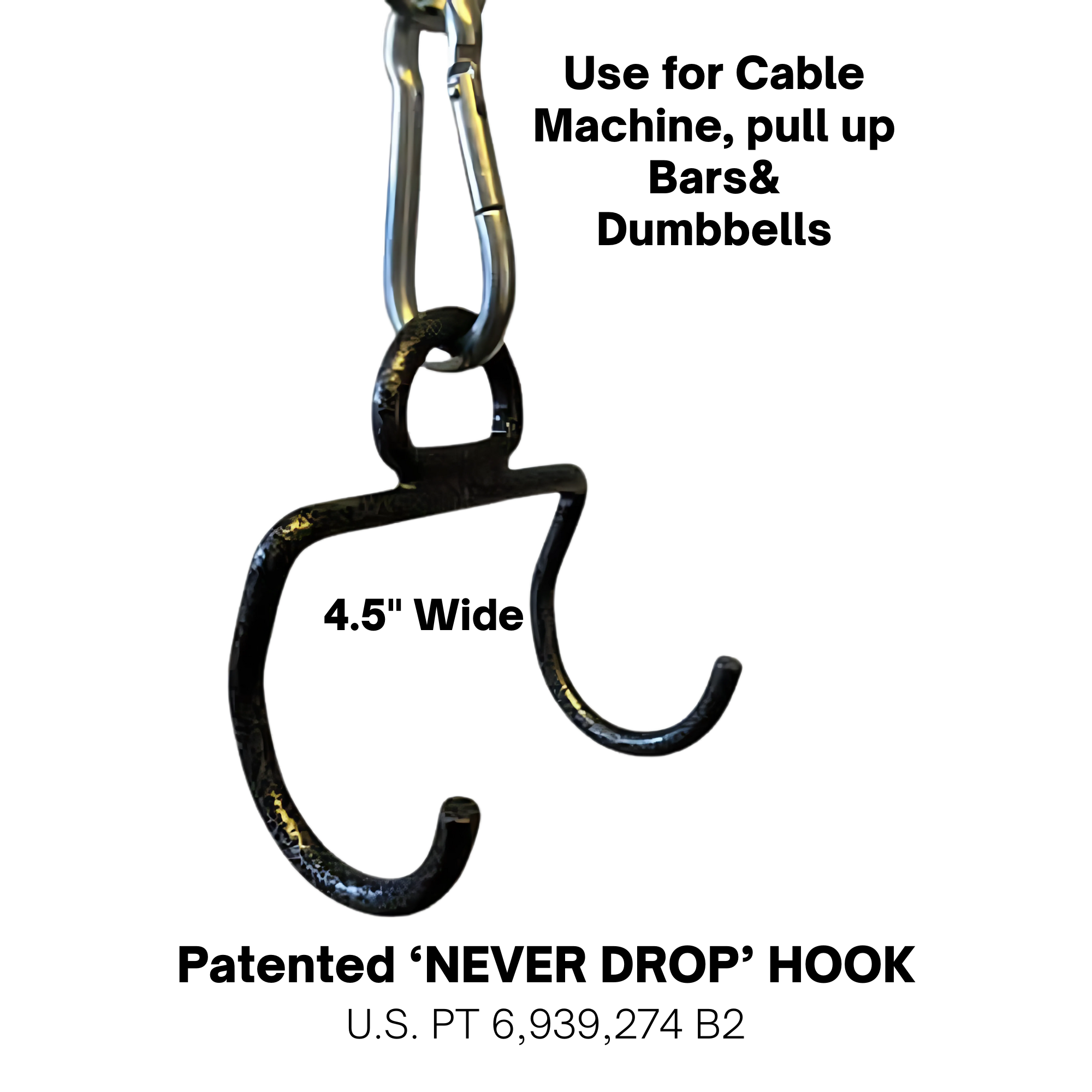 The Massive BULL TAIL 2" Tricep Attachment Tricep Rope Extreme hangs from a carabiner, displaying its metal hook with two curved prongs against a black background.