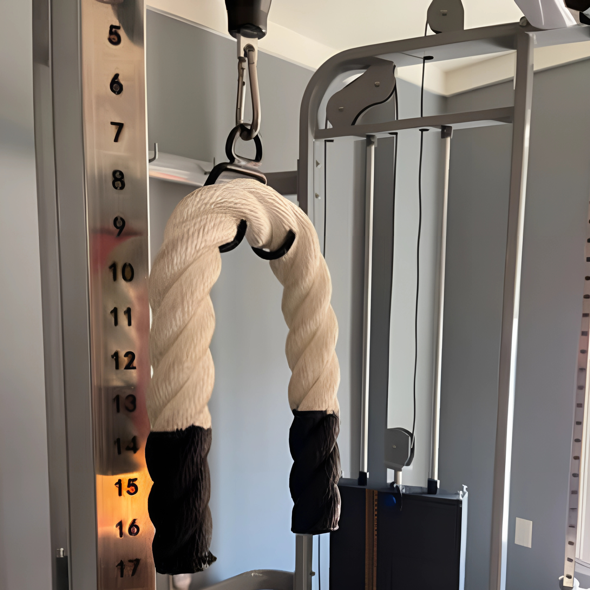 A gym cable machine features the Massive BULL TAIL 2" Tricep Attachment Rope hanging in front of a numbered weight stack, perfect for targeting grip muscles during triceps pushdowns.