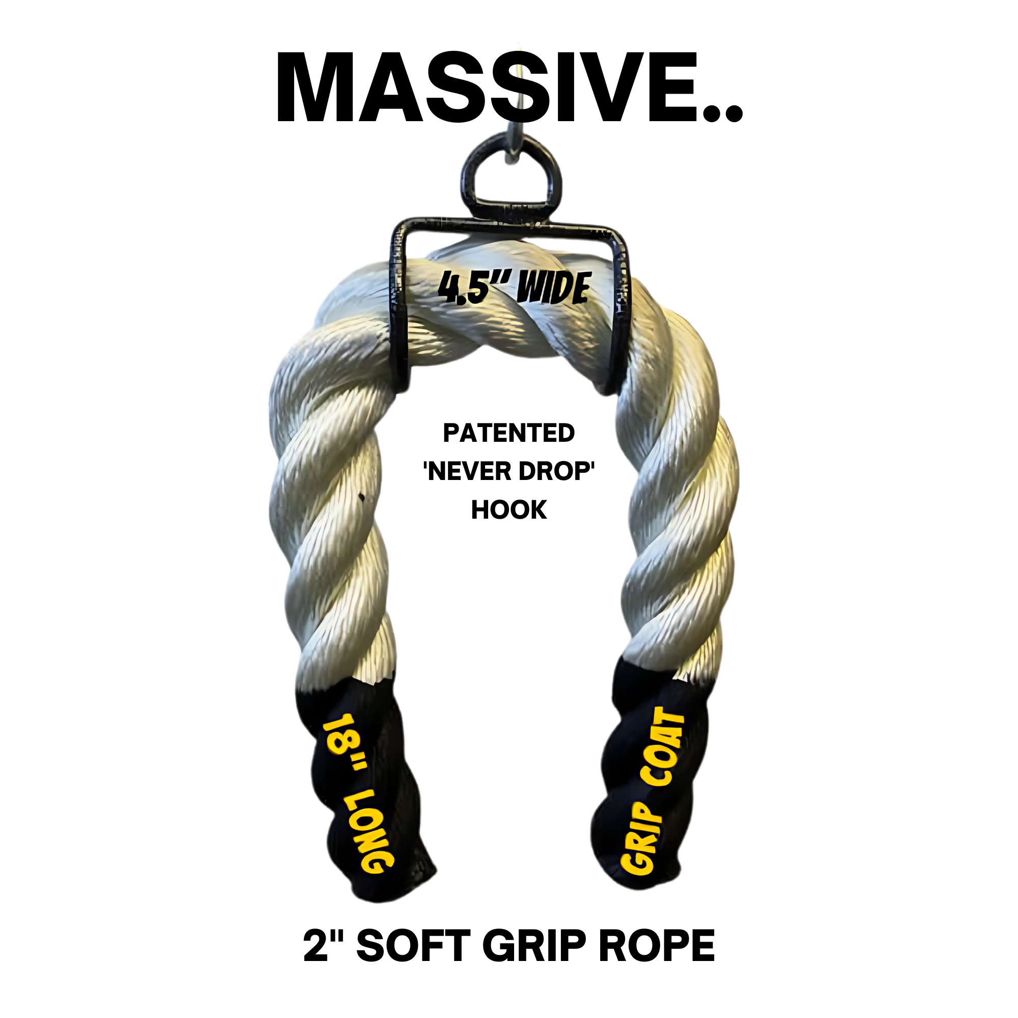The Massive BULL TAIL 2" Tricep Attachment Tricep Rope Extreme features a thick twisted grip with black ends, measuring 18" long and 4.5" wide with "GRIP COAT," perfect for building grip muscles on any cable machine.