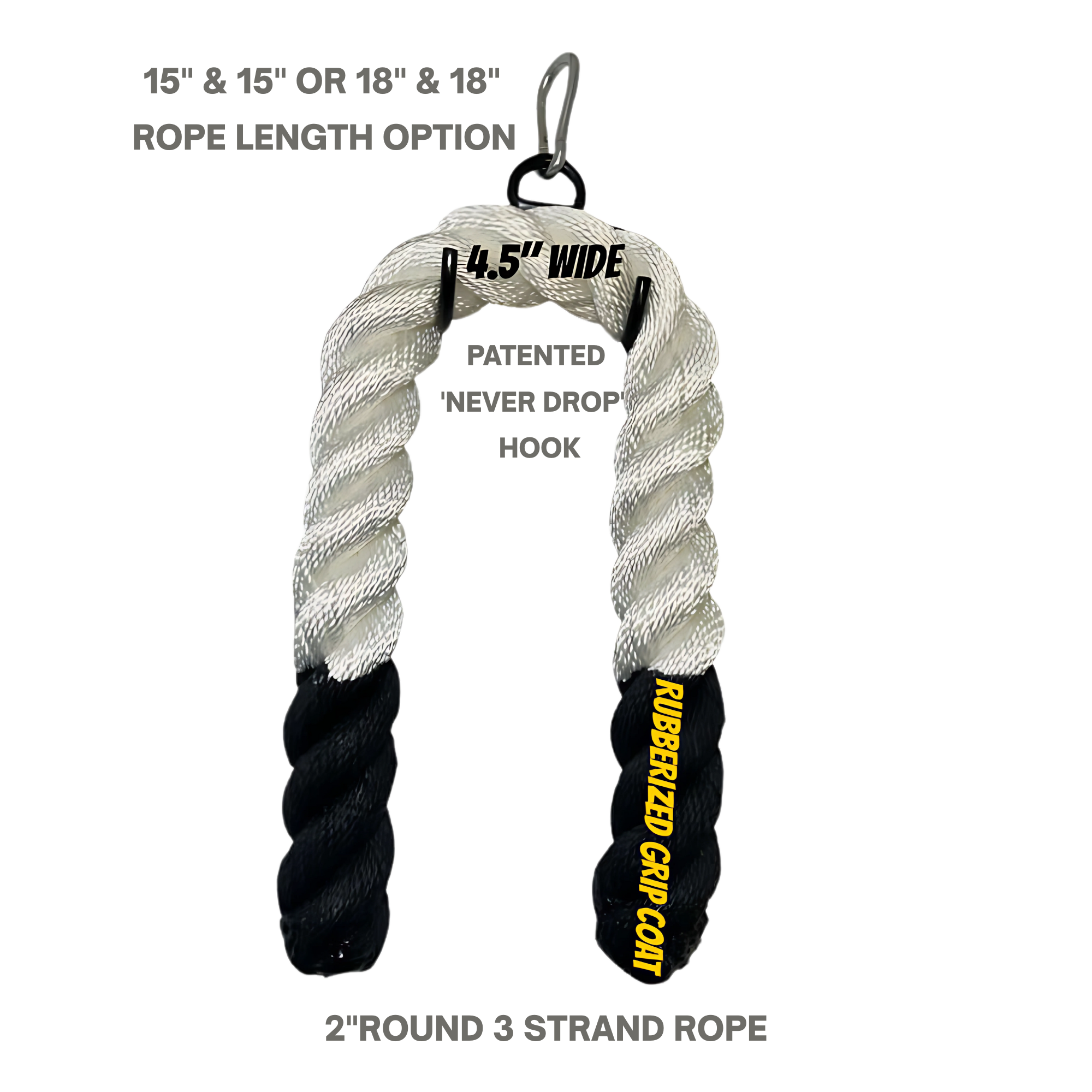 The Massive BULL TAIL 2" Tricep Attachment Tricep Rope Extreme! features black and white twisted rope with a metal hook—ideal for cable machines to target grip muscles during your workout.