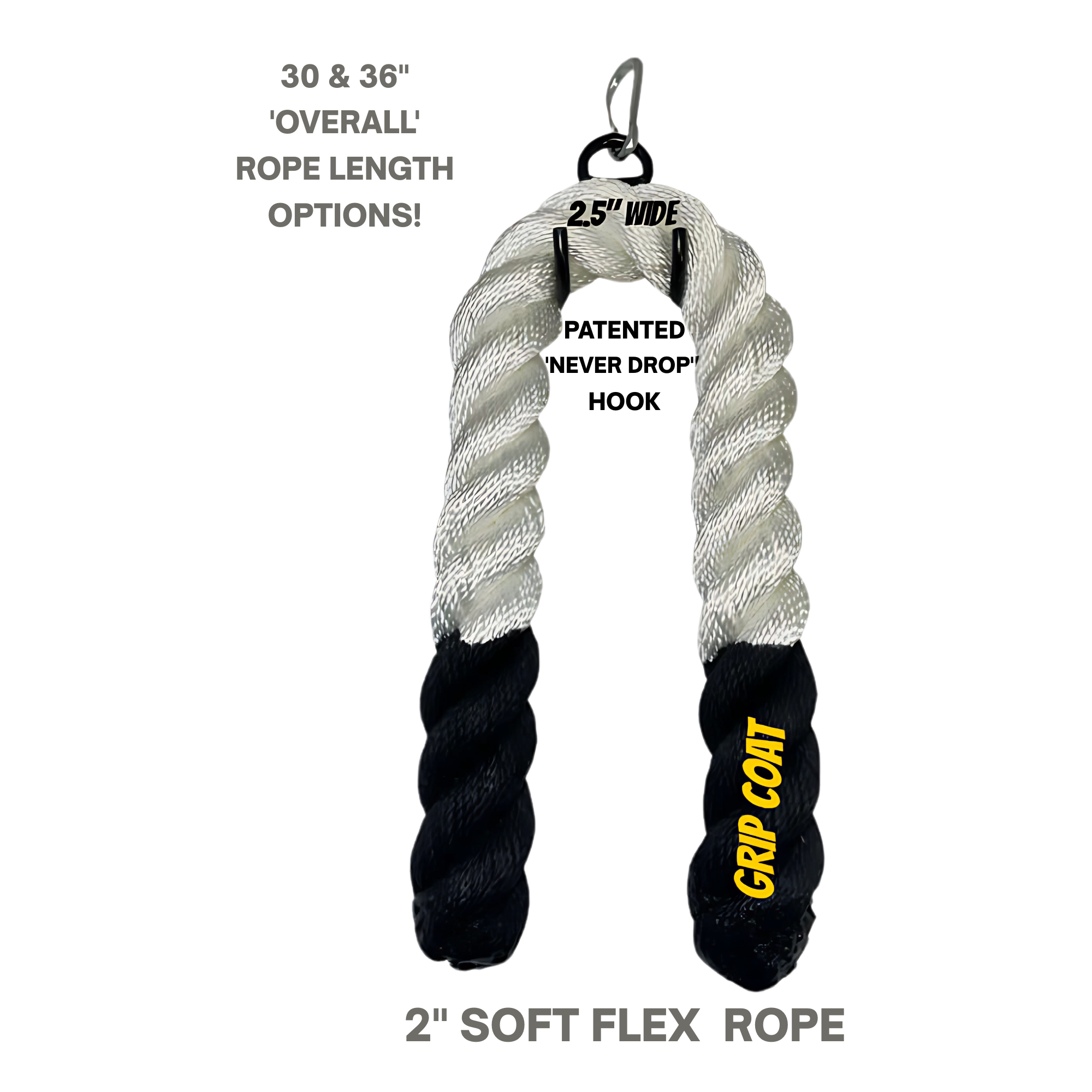 The Massive BULL TAIL 2" Tricep Attachment Tricep Rope Extreme! is a black and white twisted cable machine attachment with "GRIP COAT" text, designed to enhance grip strength during workouts.