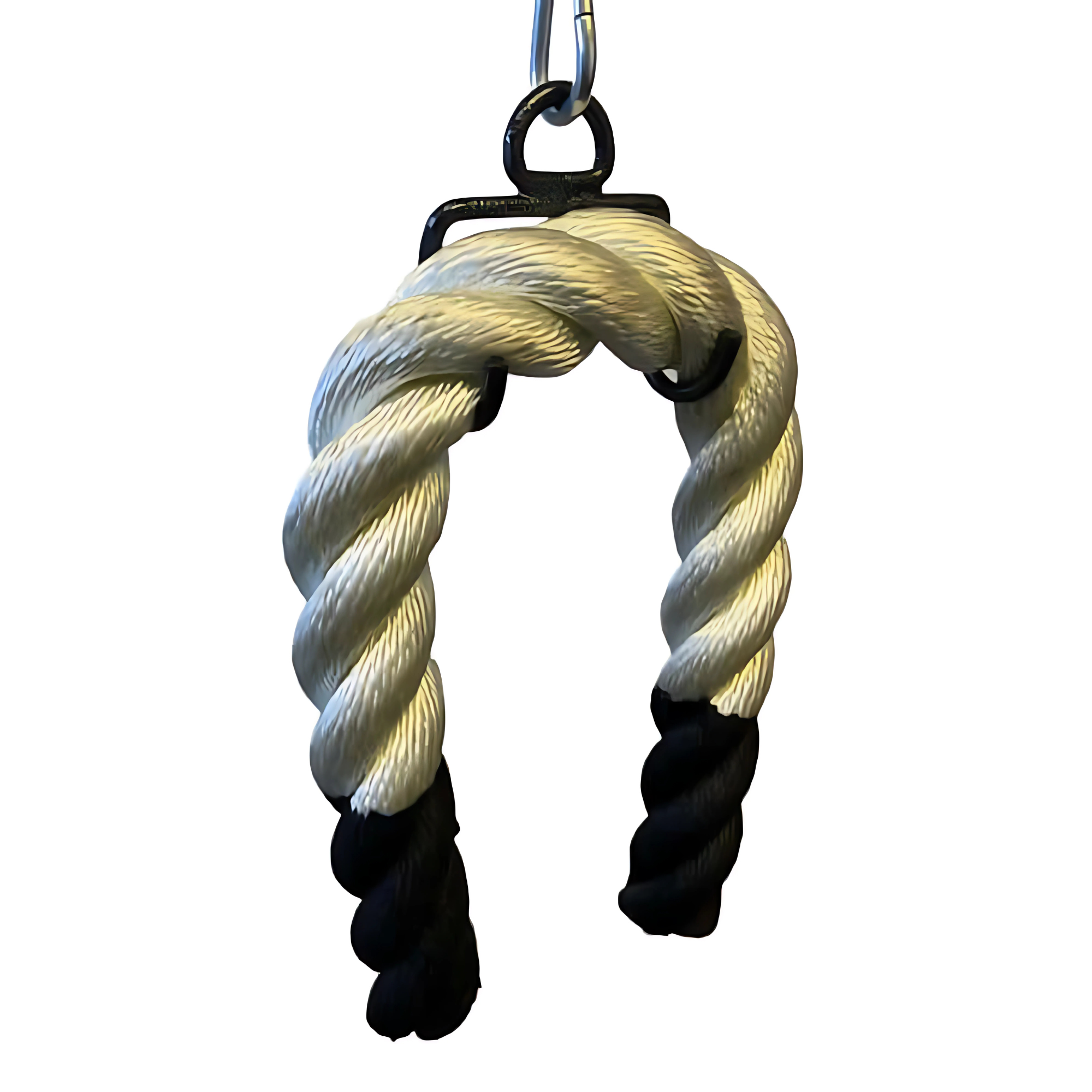 The Massive BULL TAIL 2" Tricep Attachment Tricep Rope Extreme! features a thick, twisted rope with black ends and a sturdy metal hook, perfect for targeting grip muscles on cable machines during workouts.