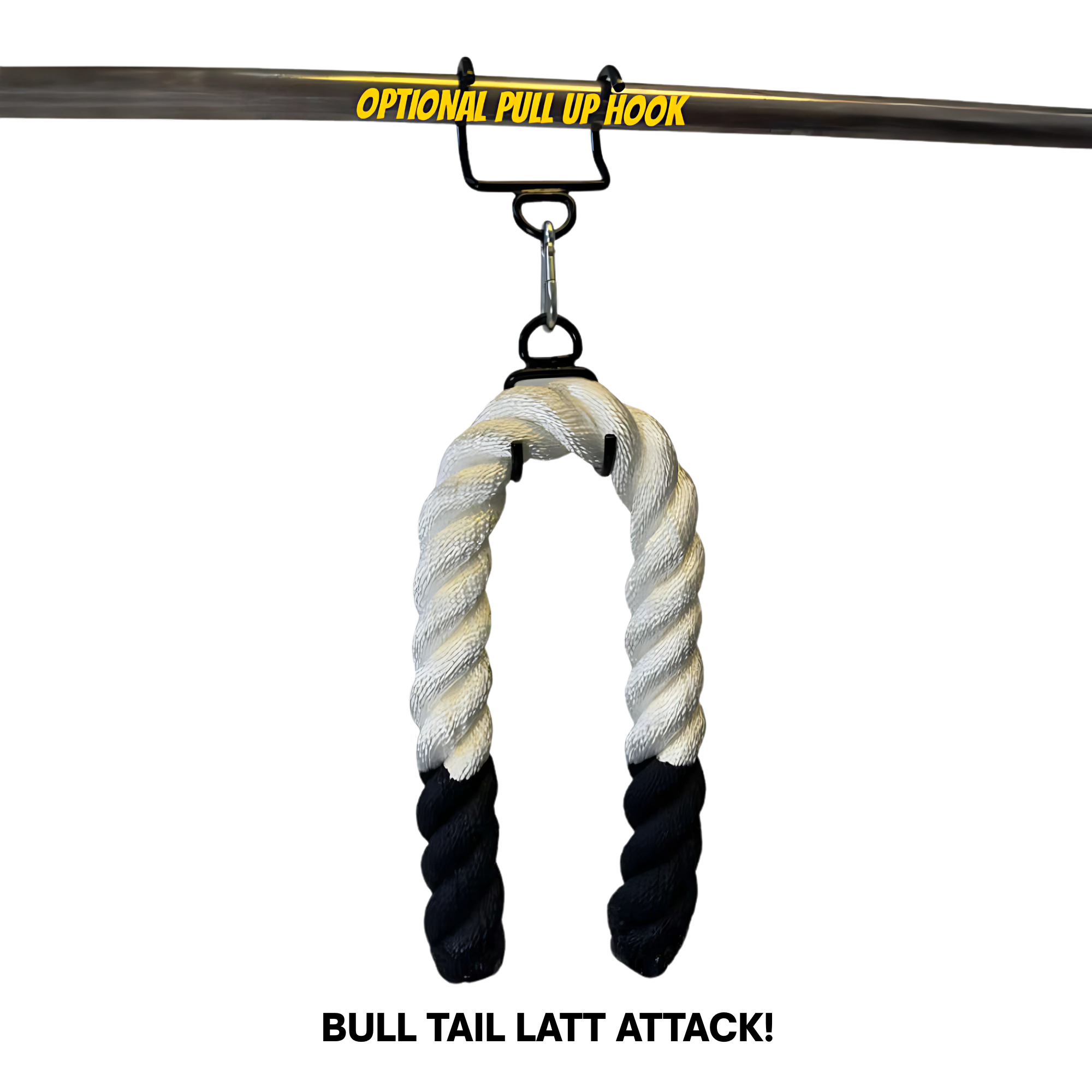 The Massive BULL TAIL 2" Tricep Attachment Tricep Rope Extreme! features black ends and hangs from an "OPTIONAL PULL UP HOOK," perfect for grip training during triceps pushdowns and various cable exercises.