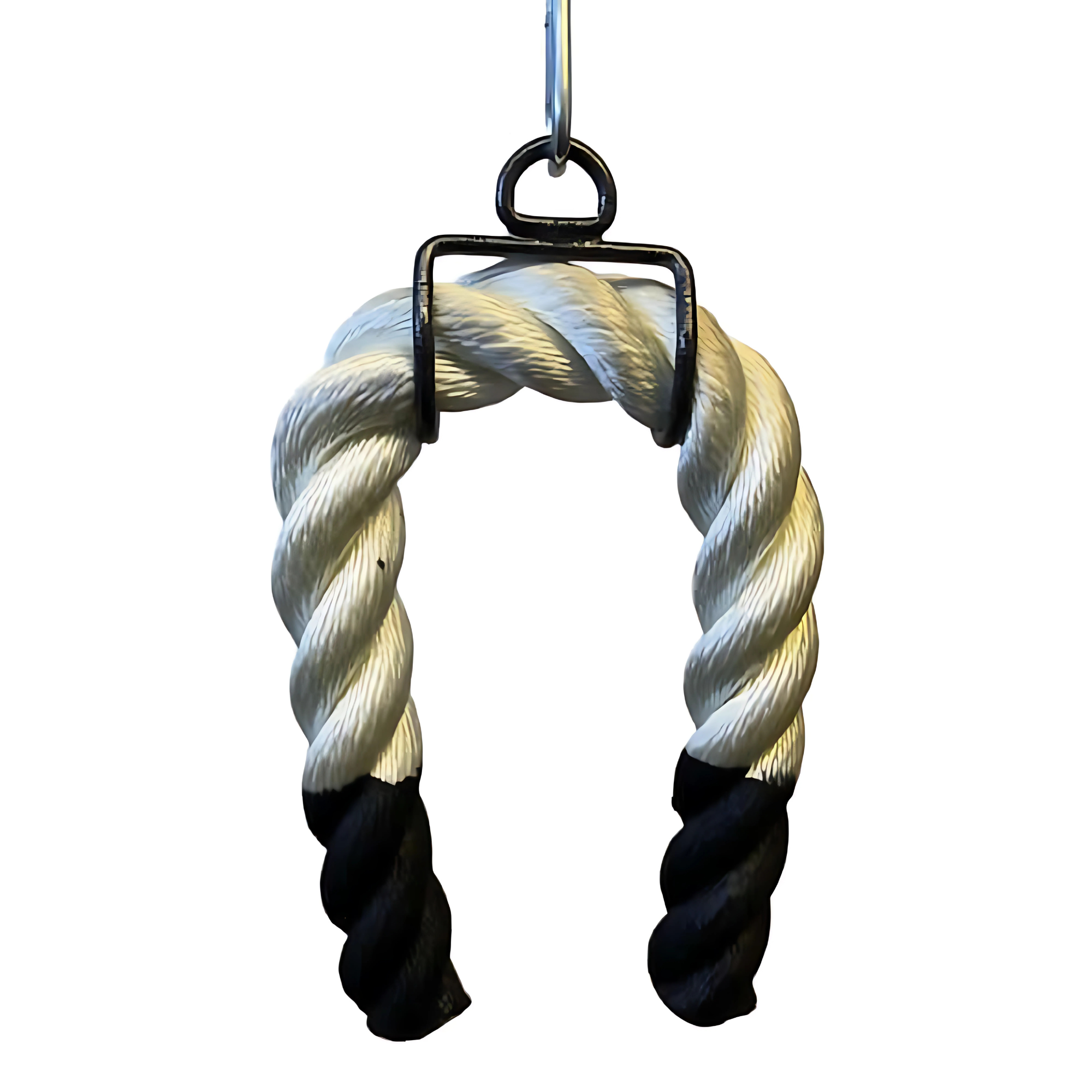 The Massive BULL TAIL 2" Tricep Attachment Tricep Rope Extreme!—a twisted black and white rope—hangs from a hook, ready to challenge your grip and boost your triceps workout.