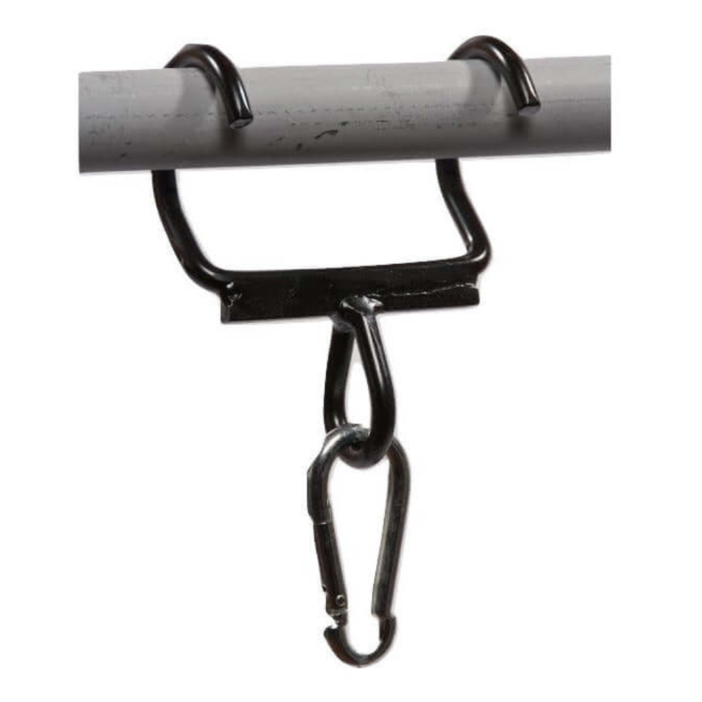 The PULL FORCE 'Combo' T Bar & Seated Cable Row Alternative features a metal hook with a carabiner, hanging from a metal rod in a T-Bar setup, isolated on white background.