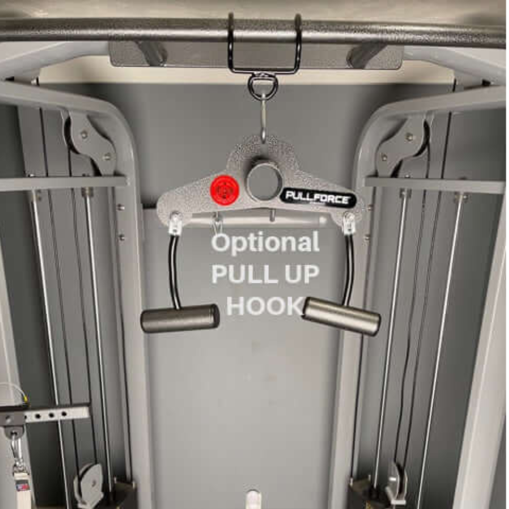 Close-up of a gym machine showcasing handles, a labeled optional pull-up hook feature, and the integrated PULL FORCE 'Combo' T Bar & Seated Cable Row Alternative for versatile workouts.