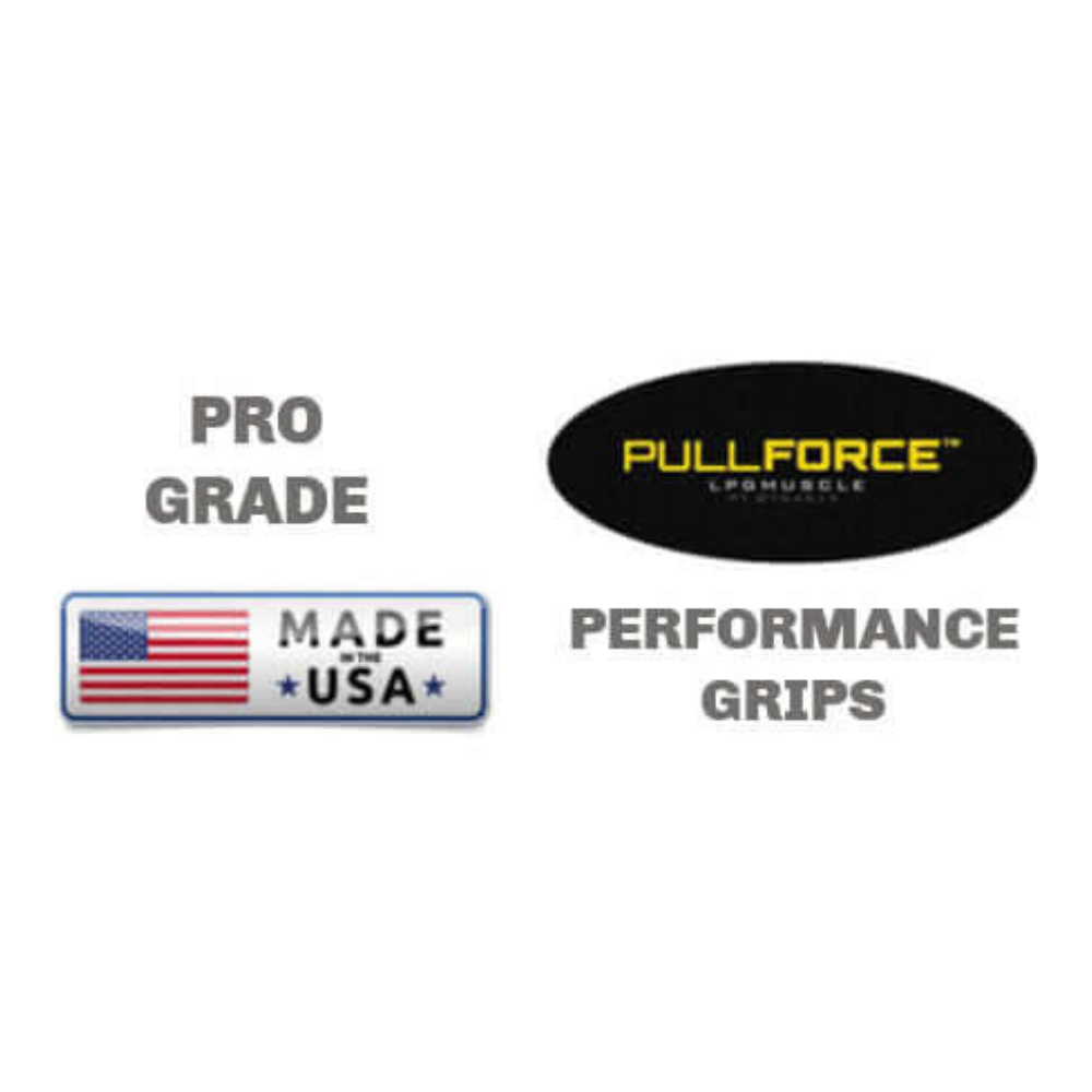 Logos with text: "Pro Grade," "Made in the USA" with flag, accompany Pullforce LP6 Muscle Performance Grips. Ideal for boosting your T-Bar workouts, these pairs perfectly with the PULL FORCE 'Combo' T Bar & Seated Cable Row Alternative for precision and power.
