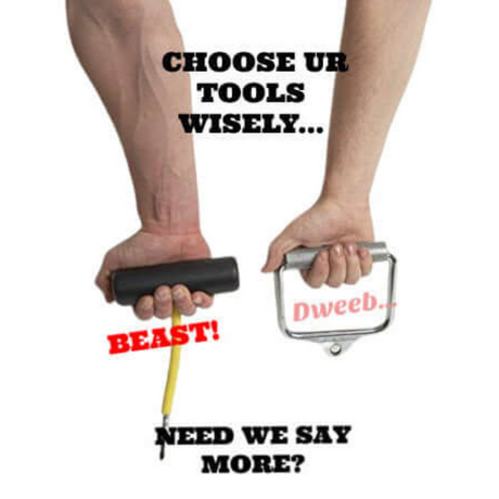 A person grips a thick handle marked "Beast!" and a thin one labeled "Dweeb" with the text "Choose your tools wisely," comparing it to selecting between the PULL FORCE 'Combo' T Bar for power or the Seated Cable Row Alternative for finesse, epitomizing the ultimate Landmine Handles System.