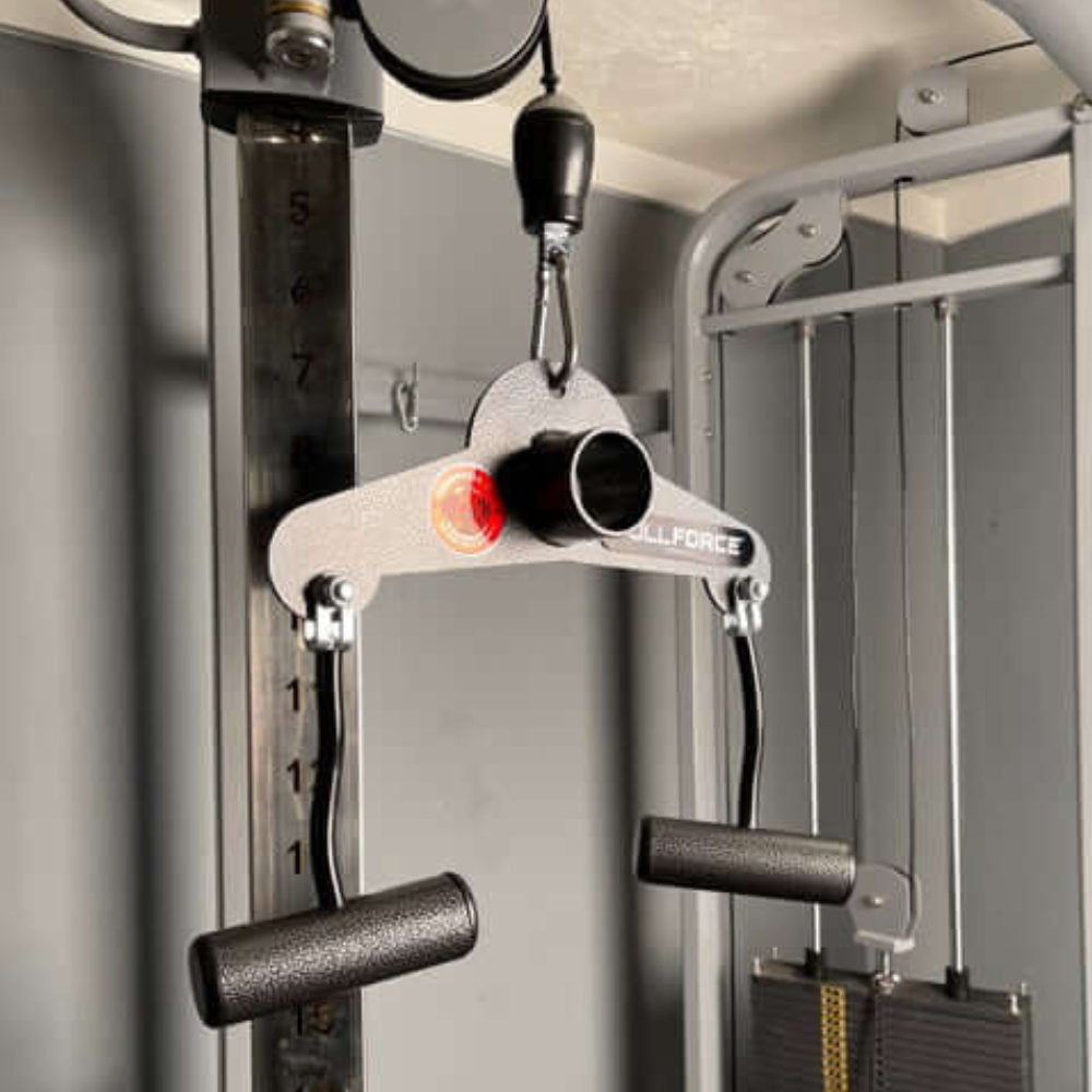 Close-up of the PULL FORCE 'Combo' T Bar & Seated Cable Row Alternative attachment in a gym setting, ideal for enhancing your workout routine.