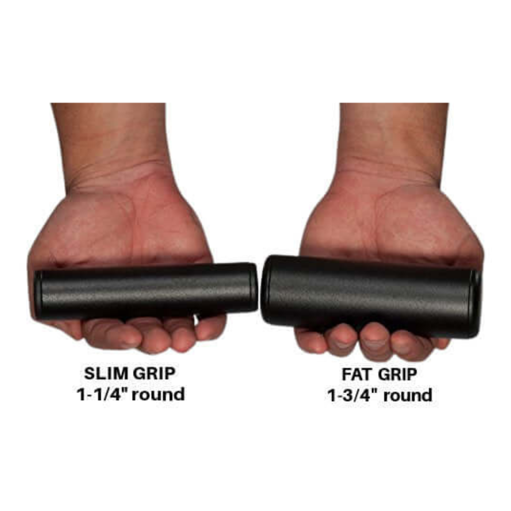 Two hands grip the "SLIM GRIP" and "FAT GRIP," both perfectly compatible with the PULL FORCE 'Combo' T Bar & Seated Cable Row Alternative, highlighting their different sizes.