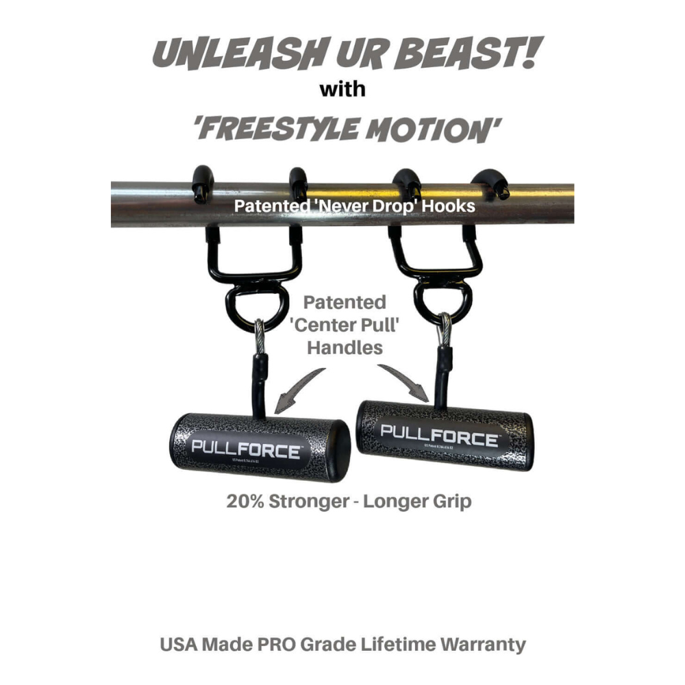 PULL FORCE 'Freestyle Motion' Rotating Pull Up Grips offer freestyle motion and muscle stimulation, hanging on a bar with "Unleash UR Beast" emblazoned across them, designed to elevate your fitness journey.