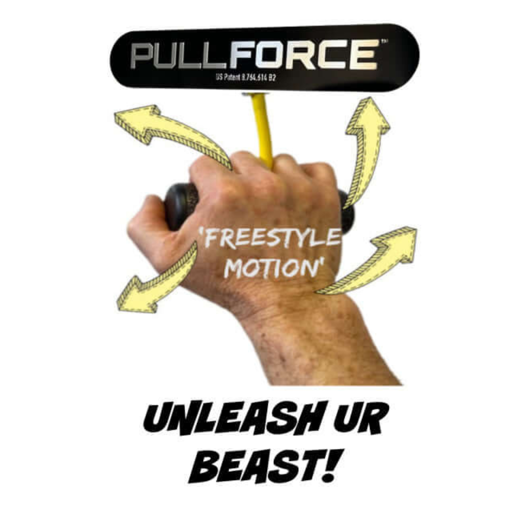 A hand grips the PULL FORCE 'Freestyle Motion' Rotating Pull Up Grips handle, surrounded by arrows and text: "UNLEASH UR BEAST!" Experience unparalleled muscle stimulation with every move.