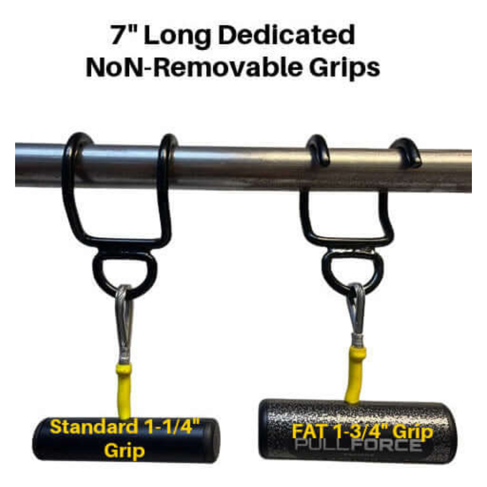The PULL FORCE 'Freestyle Motion' Rotating Pull Up Grips feature rotating pull-up handles for enhanced muscle stimulation and include two grip attachments: Standard 1-1/4" and FAT 1-3/4". Black hooks secure the attachments, allowing freestyle motion for a versatile workout.