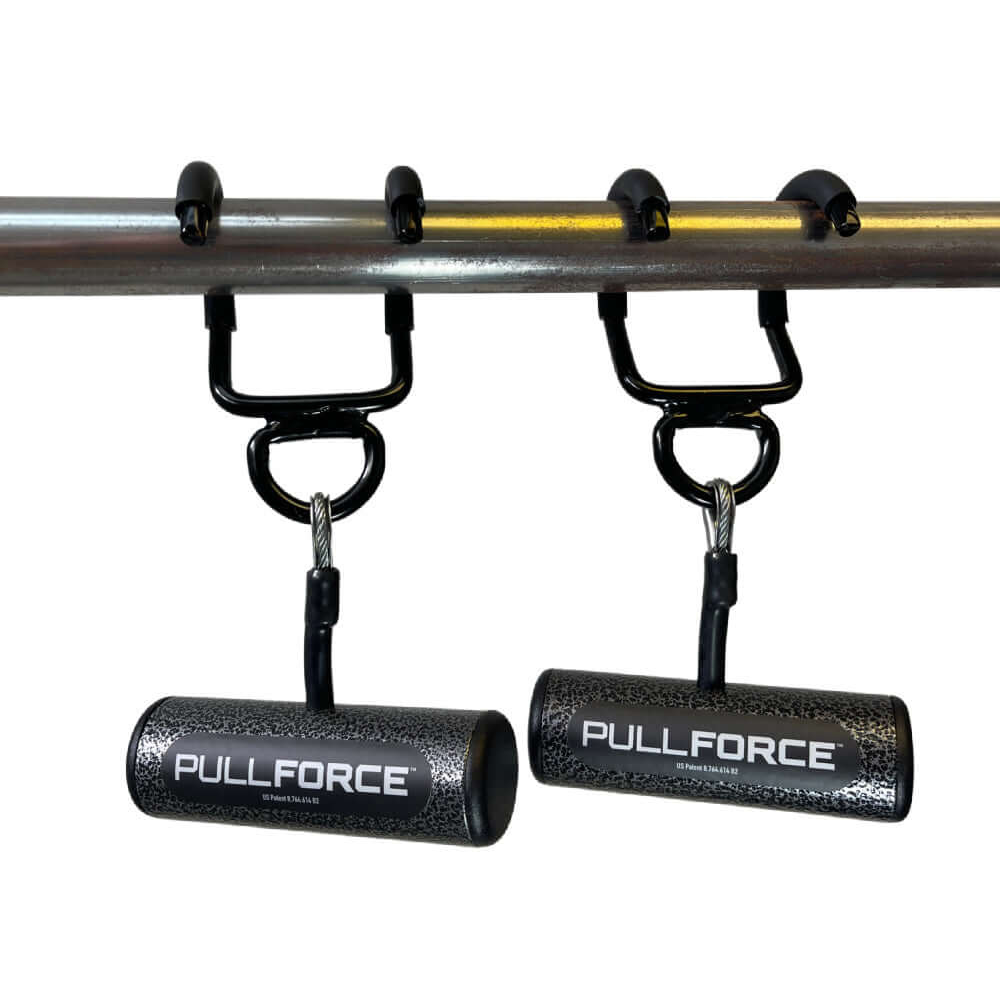 The PULL FORCE 'Freestyle Motion' Rotating Pull Up Grips feature rotating handles attached to a metal rod with carabiners for enhanced muscle stimulation.