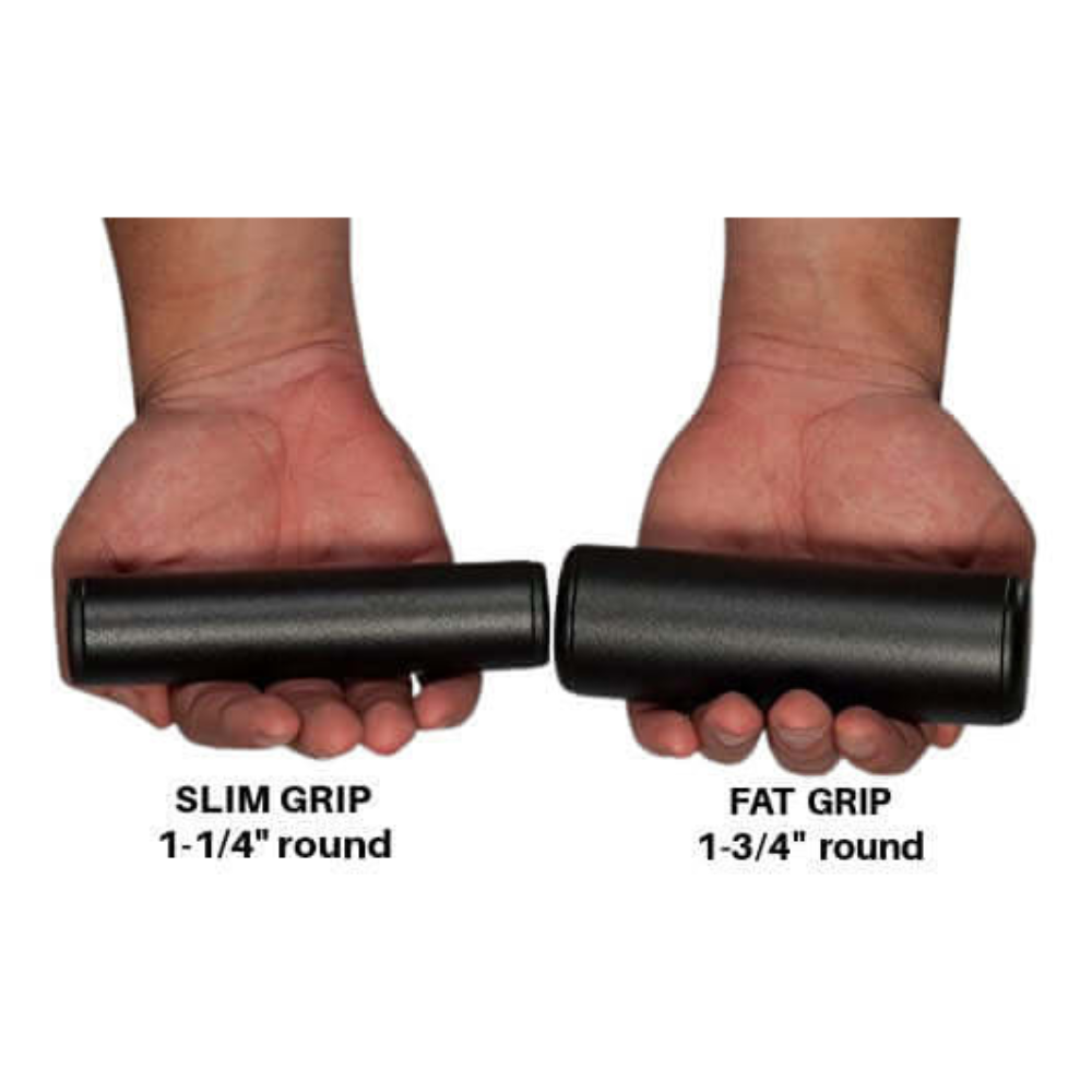 Hands hold two black grips labeled "Slim Grip" and "Fat Grip," each with their diameter shown. Ideal for enhanced muscle stimulation, these grips integrate effortlessly with PULL FORCE 'Freestyle Motion' Rotating Pull Up Grips for dynamic movement.