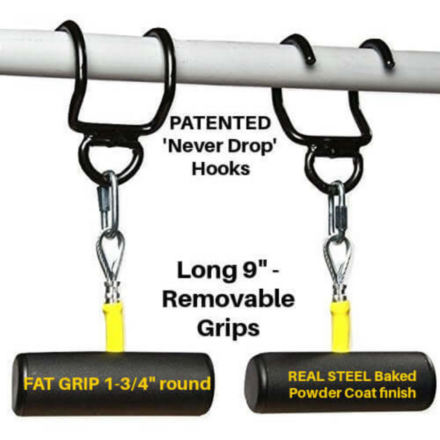 The PULL FORCE 'Freestyle Motion' Rotating Pull Up Grips feature two hooks hanging from a bar with long removable grips. The "Never Drop" text emphasizes enhanced grip and the benefits of allowing freestyle motion for optimal muscle stimulation.