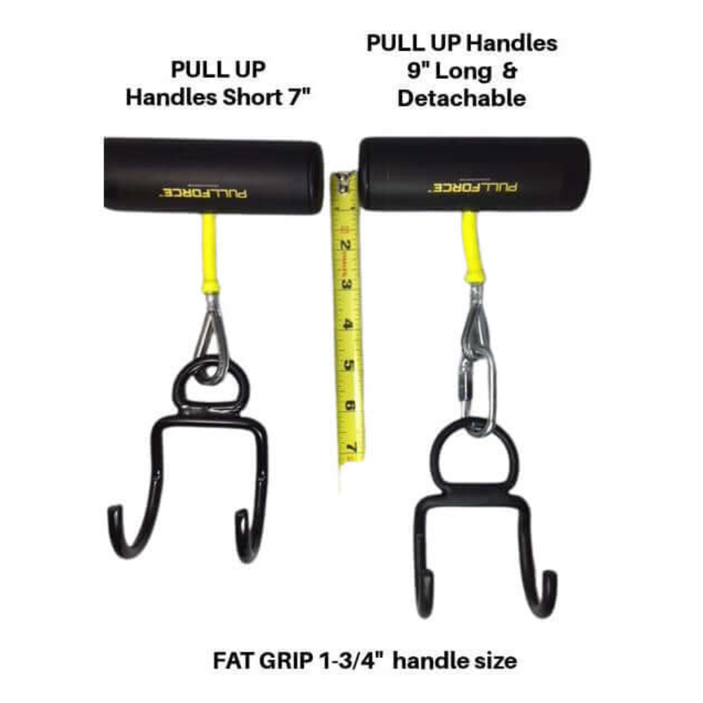 The PULL FORCE 'Freestyle Motion' Rotating Pull Up Grips offer two handle options: 7" short and 9" long, both featuring hooks, yellow cords, and FAT GRIP 1-3/4". Enjoy enhanced muscle stimulation with these innovative pull-up handles.